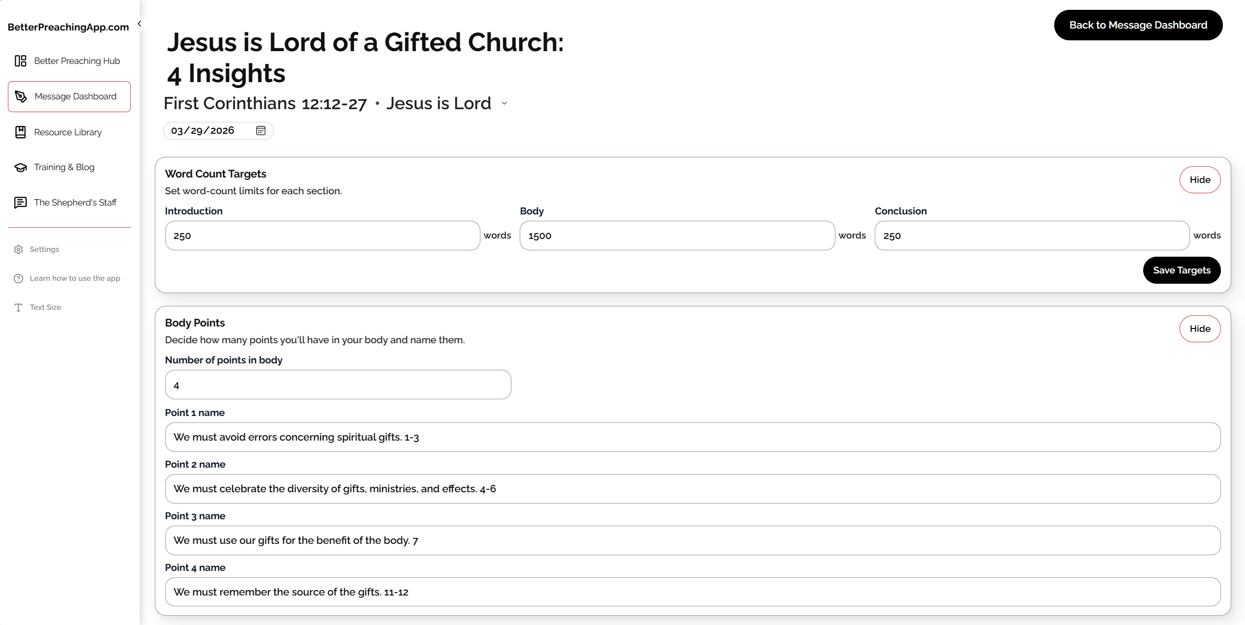 Better Preaching message workspace showing structured message development.