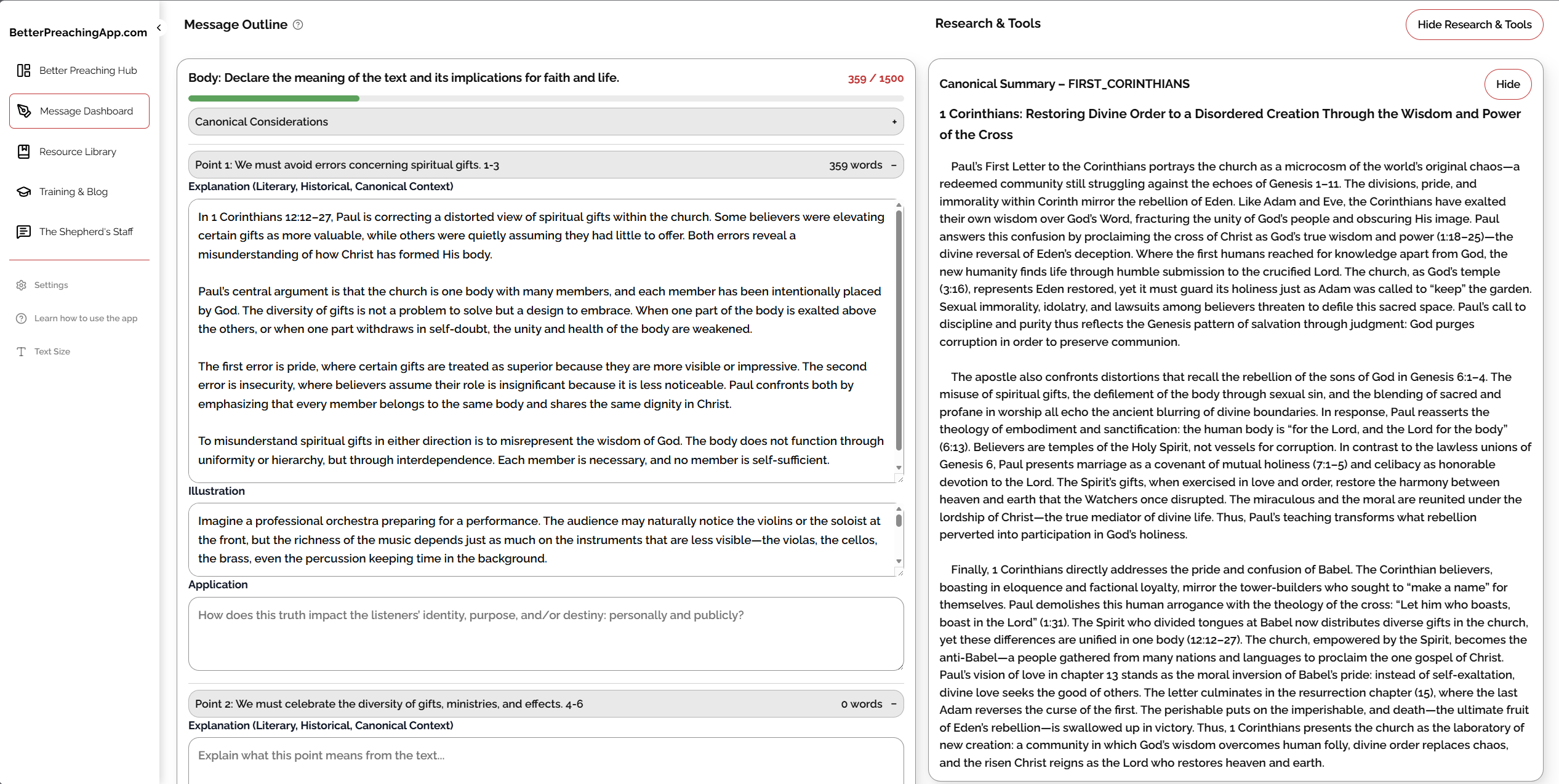 Better Preaching message workspace showing canonical summary and research tools beside the outline.